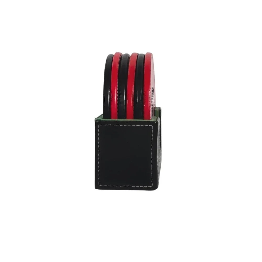 Set of 6 Poker‎ Card Suit Coasters with Black Holder Red Black faux Leather